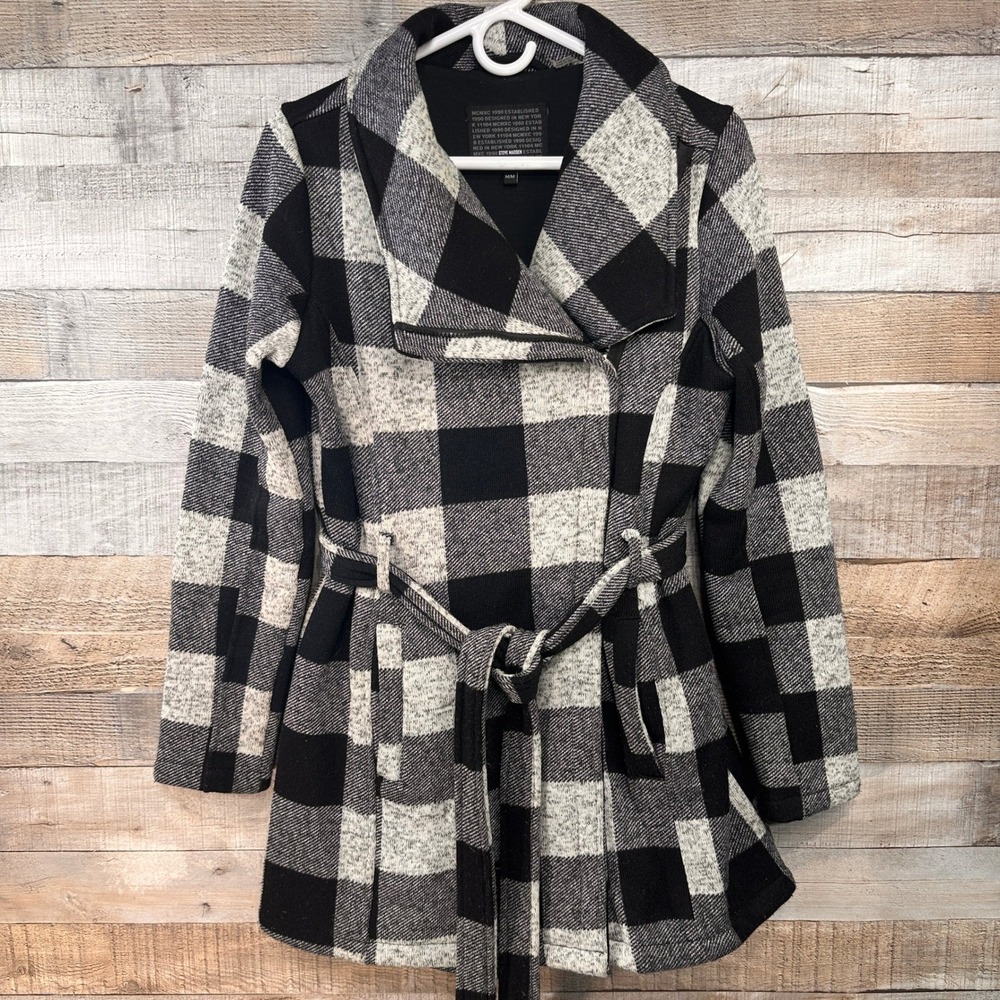 Steve Madden Womens Black White Buffalo Check Wrap Coat Belted Zip Size Medium